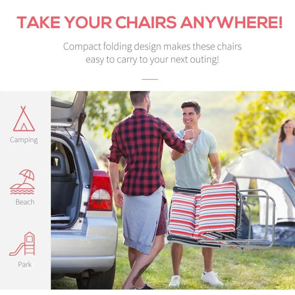 Compact folding reclining lounger chairs with red, white, and blue striped cushions