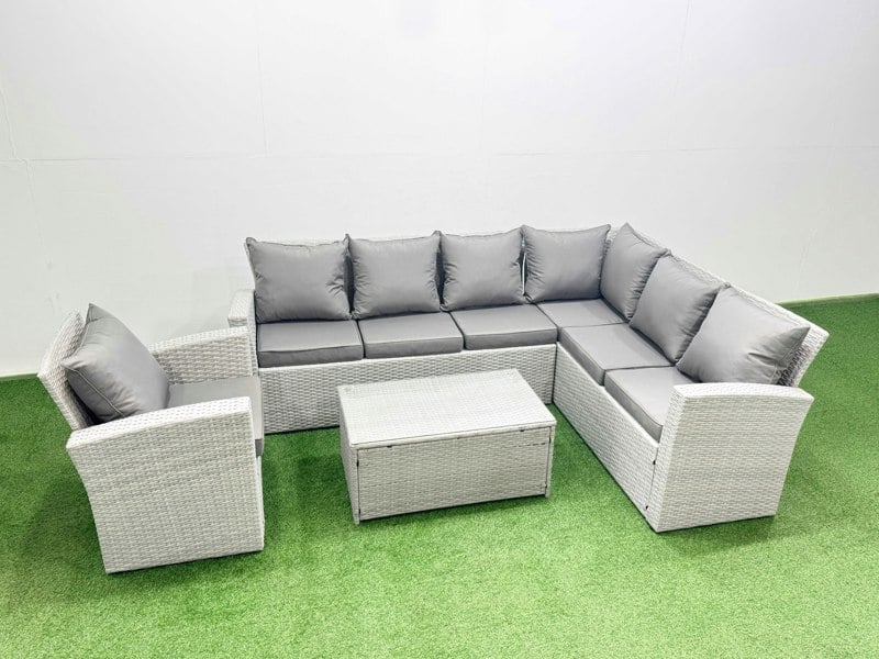 Fimous Garden Outdoor PE Rattan Furniture Set 7 Seater Rattan Garden Sofa Sets with Big Footstool Light Grey Mixed