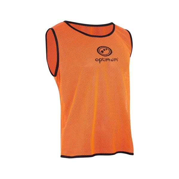 Orange Optimum mesh training bib with black trim and black logo on the chest, front view on white - Optimum
