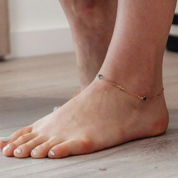 The Colourful Aura Evil Eye Christian Cross Protection Adjustable Indian Nazaria Payal Anklet - Gold
