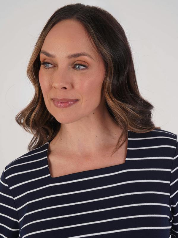 PennyPlain Stripe Square Neck Top- French Navy/ivory