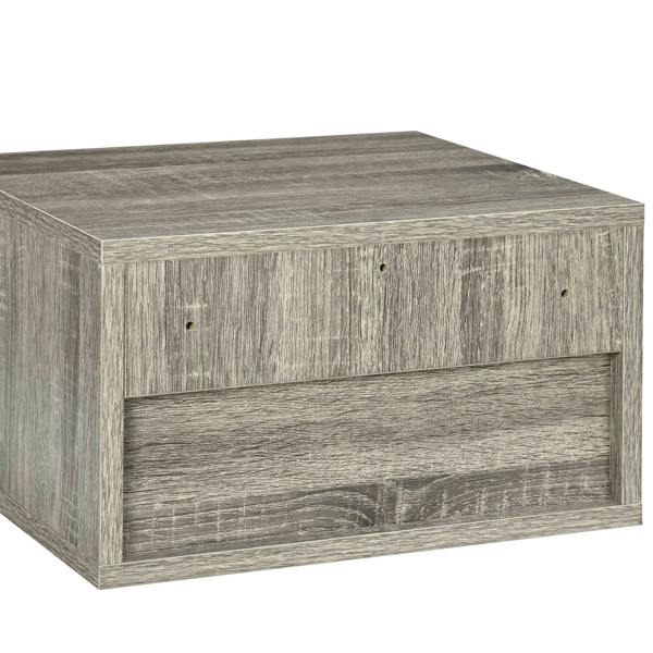 Grey wood-effect floating bedside table showing drawer panel and side cabinet body