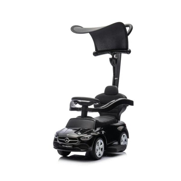 4 in 1 Licensed Benz Ride on Push Car with Handle, Canopy, Guardrails, Horn, Music, Storage for 12-36 Months, Black