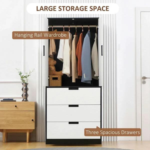 Black and white wardrobe with open doors showing hanging rail and three drawers
