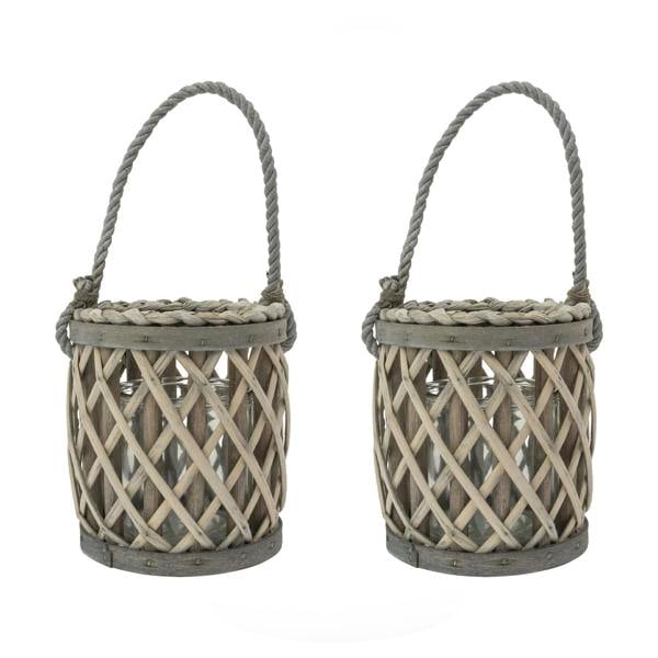 JVL Luna Set of 2 Natural Willow Wood Lantern With Braided Rope Handle, Grey Wash