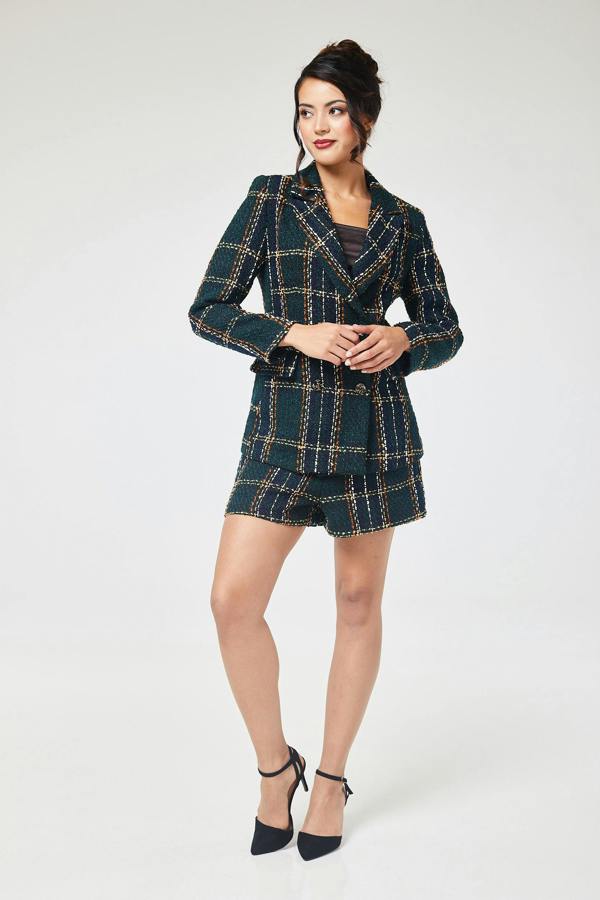 LuvForever Green Check Tweed Short Pant Suit