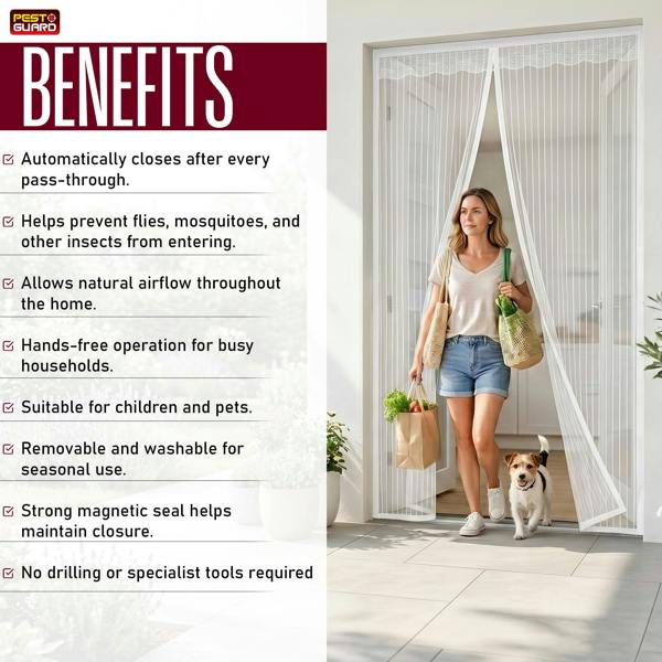 Pest Guard Magnetic Fly Screen Door 210x100cm Fly Net for Door with 18 Magnets, Full Frame Magic Tape, Self-Sealing Bug Mesh Curtain