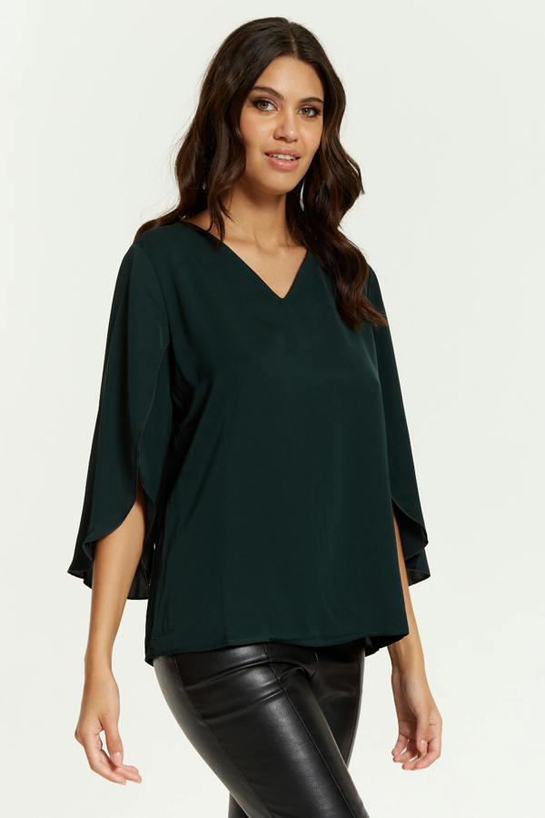 Hoxton Gal Oversized V Neck Top with Split Sleeves in Bottle Green