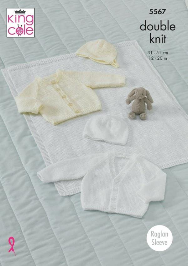 King Cole Comfort DK Knitting Pattern 5567, Cardigans, Headwear, Blankets for Baby, 12 - 20 Inches