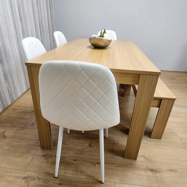 KOSY KOALA 6 Seater Modern Light Wood Dining Table Set with 4 White Gem Pattern Chairs and Bench  H75 x L140 x W80 cm