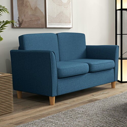 Wyld Haus Dilita Dark Blue Compact 2 Seater Sofa With Wooden Legs And Armrests