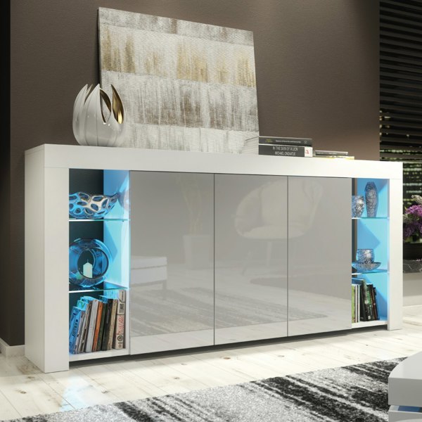 Mex Furniture Exclusive 164cm Cabinet Cupboard Sideboard TV Unit High Gloss Grey Doors & Free LED