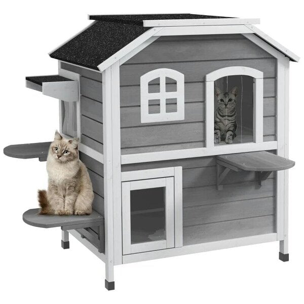 2-story Cat House Outdoor, Weatherproof Wooden Cat Enclosure with Escape Door, Openable Roof, Jumping Platforms, Grey