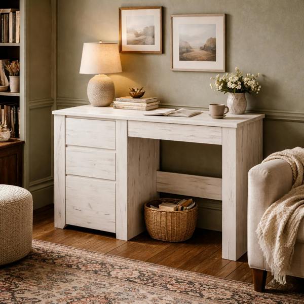 Wyld Haus Norwich Aged Effect Soft Grey Wood Veneer 3 Drawer Desk