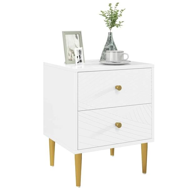 White two-drawer bedside table with gold-tone legs and round drawer pulls.