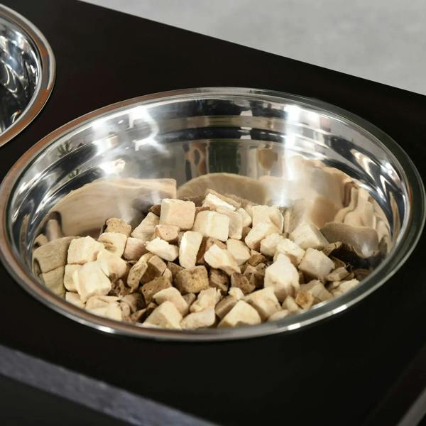 Stainless steel dog bowl on brown raised feeder, filled with dry kibble