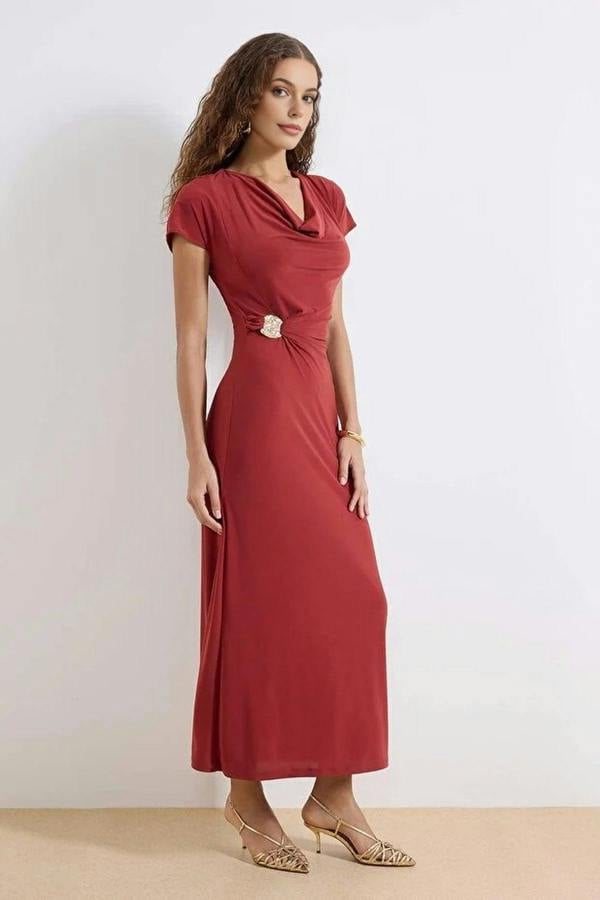 WOVCOR A-Line V-Neck Maxi Stretch Knit Dress with Accessory Details