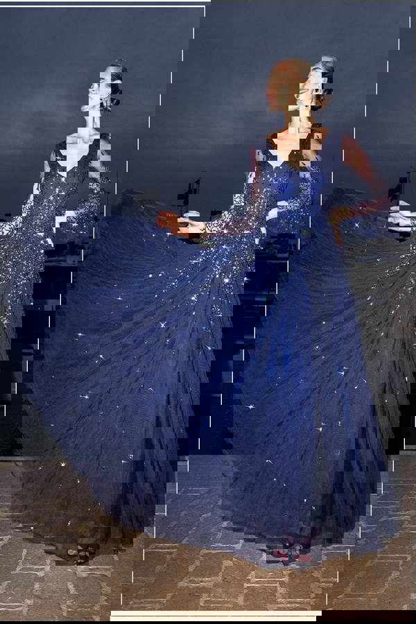 Sunray Hand Embellished Sequin A-Line Bell Sleeve Maxi Dress - Navy Blue DR4654