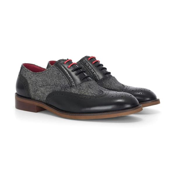 Justin Reess Men's Black Leather Tweed Brogue Shoes - Albert