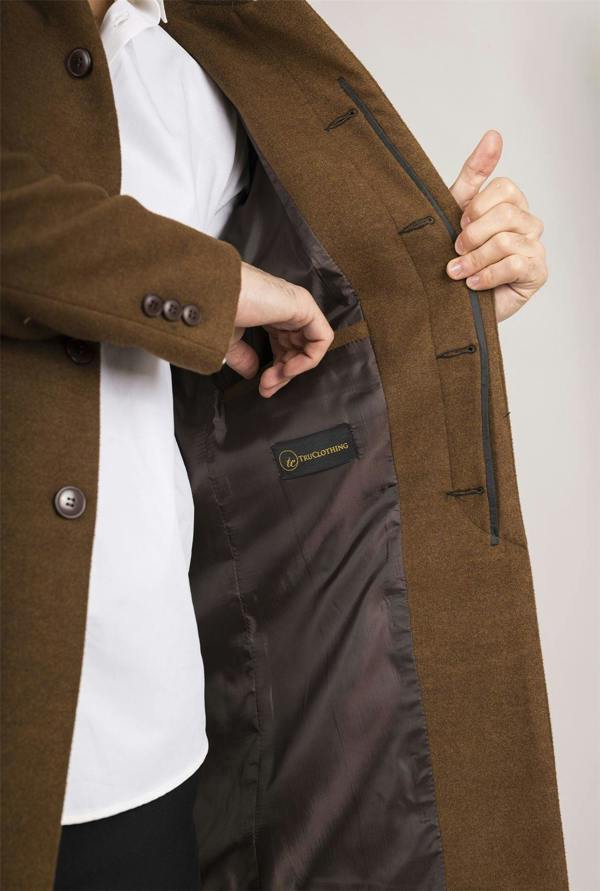 Infinity Leather Men's Brown Stand Collar Wool Blend Overcoat