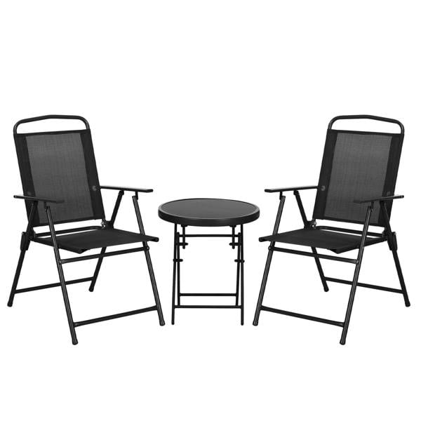 Black garden seat set: two folding chairs and a round table with glass top