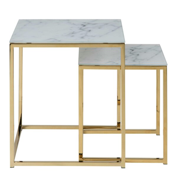 Wyld Haus Vodskov White Marble Set of 2 Nesting Side Tables Gold Legs
