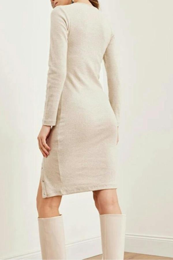 Hoxton Gal Brushed Stretch Dress with Button Details and Slit