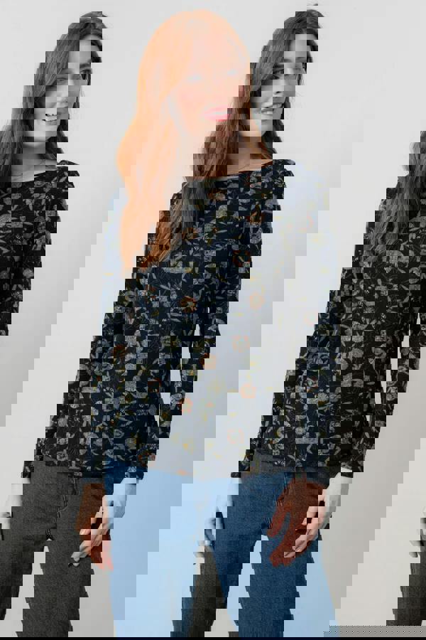 Lily & Me Angela Floral Print Knit Top Navy