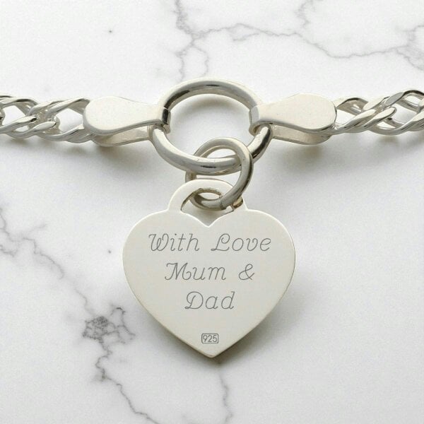 Christopher James of London Sterling Silver Ladies Heart on Fancy Double Curb Chain Bracelet With Optional Engraving