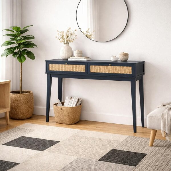 Wyld Haus Waterford Blue  Oak Wood and Rattan Blue Dressing Table 2 Drawers