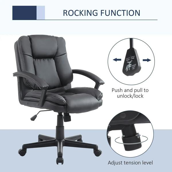 Black PU leather office desk chair with rocking function, padded seat, and backrest