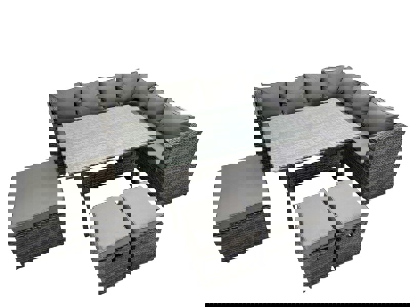 Fimous Rattan Garden Furniture Set Outdoor 9 Seater Patio Dining Corner Sofa Sets with Dining Table 3 Footstool Dark Grey Mixed