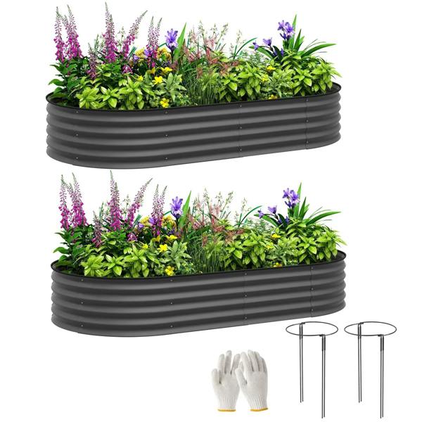 Set of two dark grey steel planters with faux flowers, foliage, and support stakes