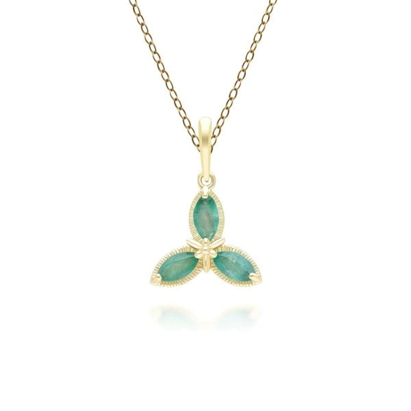 Gemondo Floral Marquise Emerald Pendant Necklace in 9ct Yellow Gold