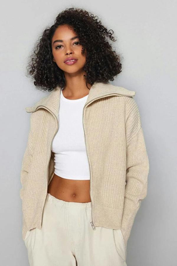 Hoxton Gal Oversized Draped Collar Zip-Up Knit Cardigan