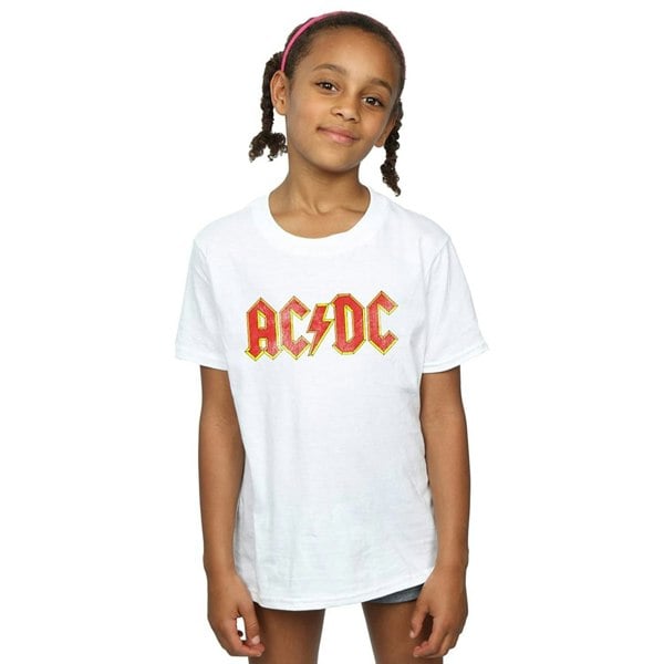 AC/DC Girls Distressed Logo Cotton T-Shirt - White