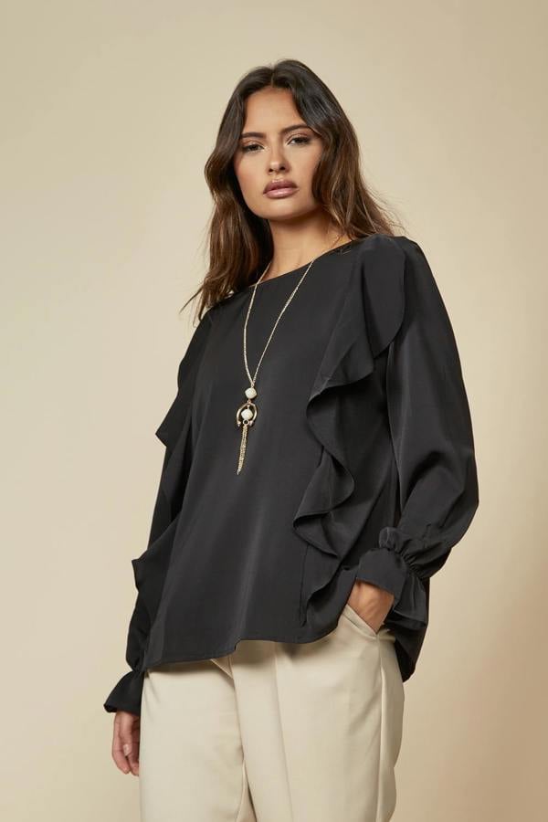 Hoxton Gal Oversized Top Ruffle Front Details in Black