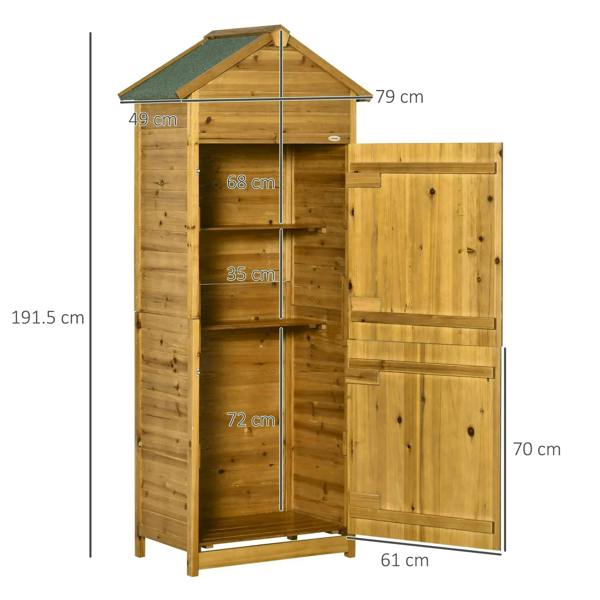 Wood storage shed cabinet with two doors and roof, with size measurements