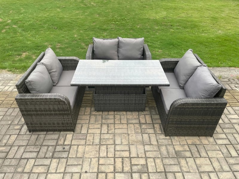 Fimous Rattan Garden Outdoor Furniture 3 PC Love Sofa Set Patio Adjustable Rising lifting Dining Table Dark Grey Mixed