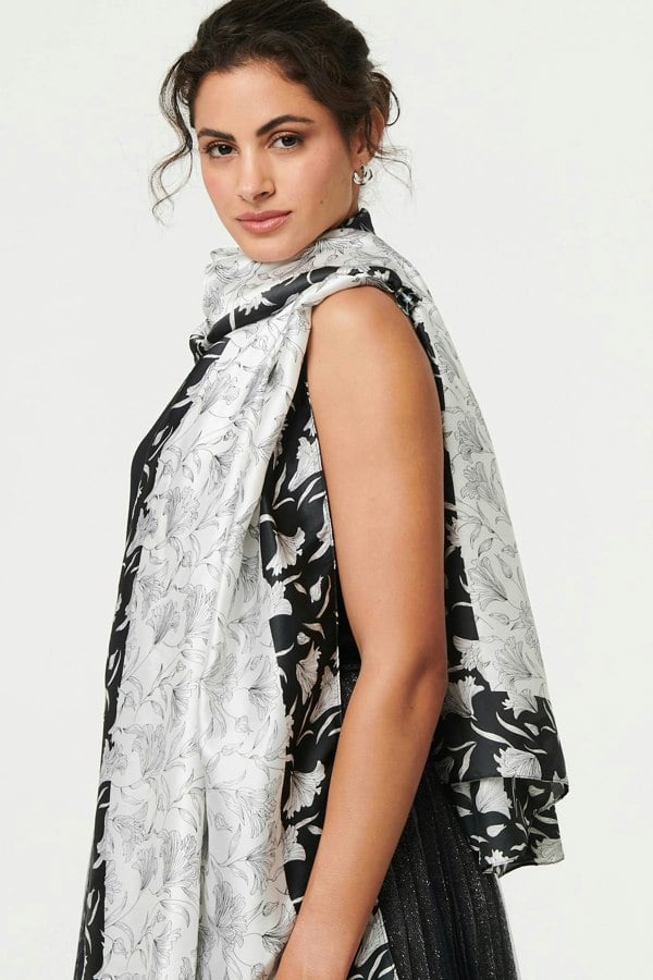 White | Reversible Floral Long Shawl Scarf
