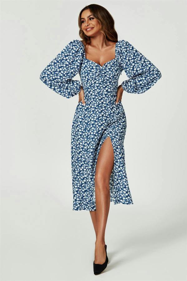 FS Collection Floral Print Long Sleeve Heart Neckline Midi Dress In Blue