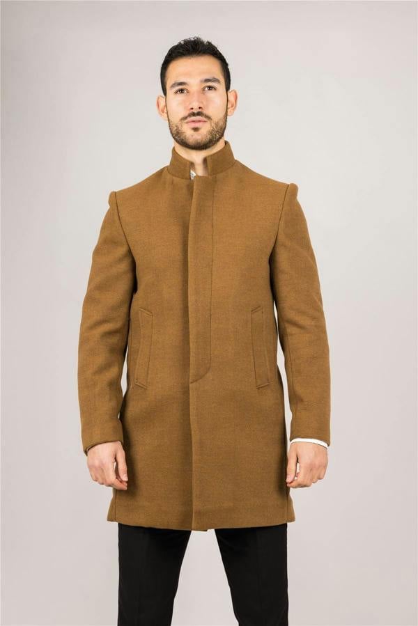Infinity Leather Men's Tan Stand Collar Wool Blend Overcoat