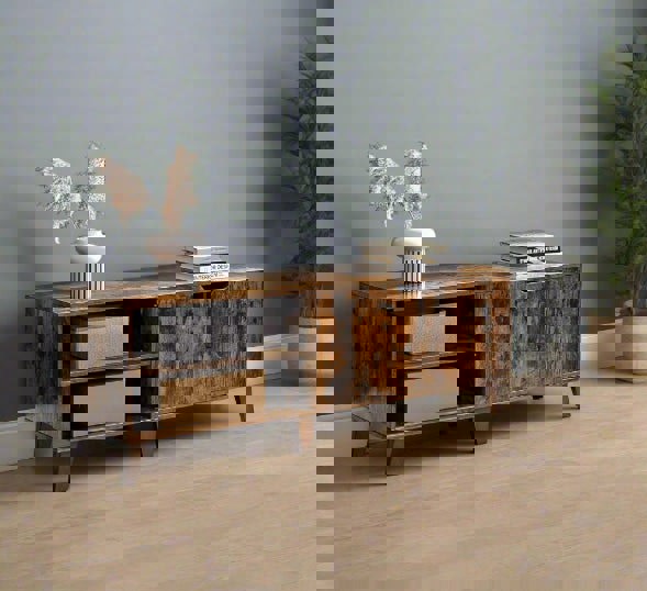 Modcraft Rustic Brown TV Stand with 2 Doors & Adjustable Shelves – 140cm Unit for TVs up to 65” – Living Room Storage Cabinet