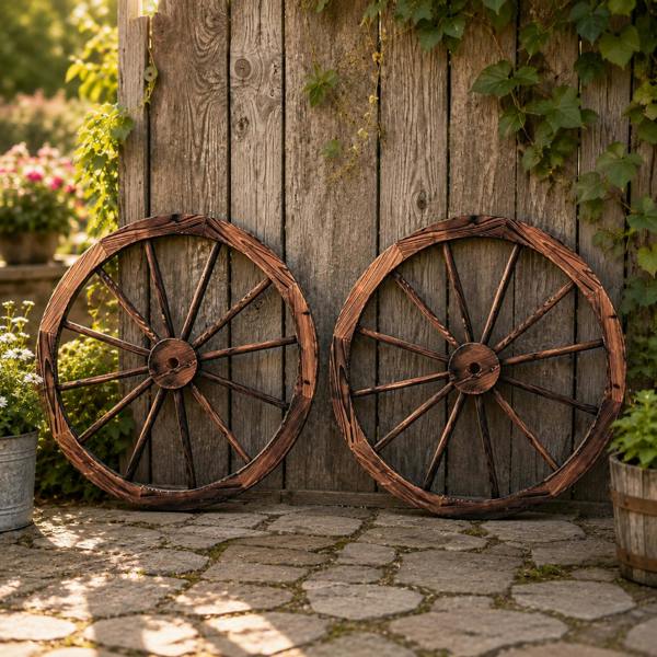 Gr8 Garden Set of 2 Rustic Wooden Garden Cart Wagon Wheels 76cm Wall & Fence Decor
