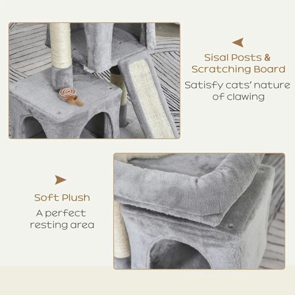Close view of grey cat tree cubby with sisal scratching board and plush resting area