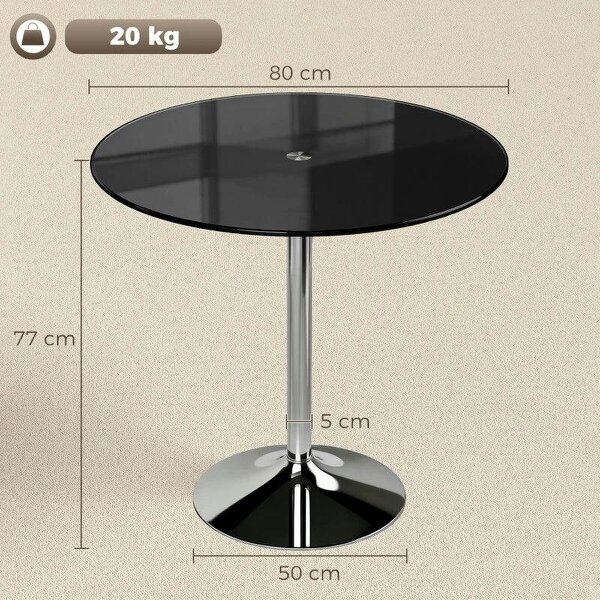 Round Bar Table, Modern Dining Table with Tempered Glass Top and Steel Frame for 4, 80 x 80 x 77cm, Black