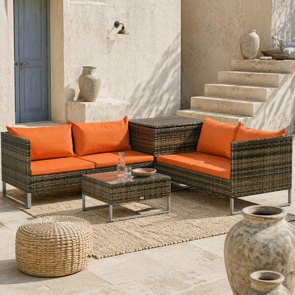 Wyld Haus Vemato Rattan Orange And Brown 4 Seater Garden Furniture Set With Storage Table