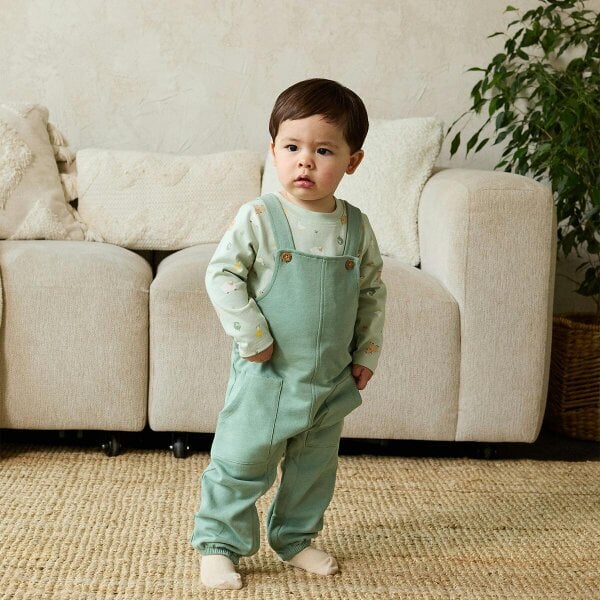 Mini Cuddles Farm Animal-Print Dungarees (Sage Green)