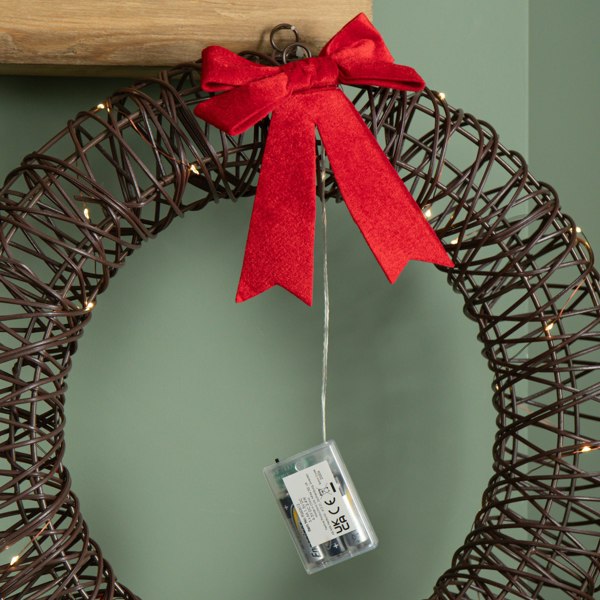 Samuel Alexander 50cm Battery Operated Light up Christmas Wreath with Red Bow & 40 Warm White LEDs