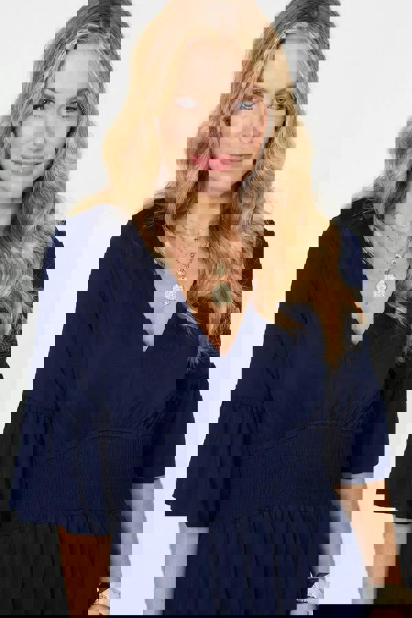 Blue | Shirred Waist 3/4 Sleeve Midi Dress